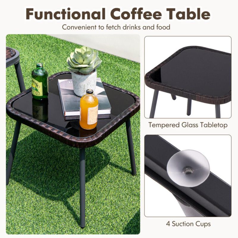 Hivvago 3 Pieces Patio Rattan Furniture Set with Tempered Glass Tabletop for Backyard Poolside