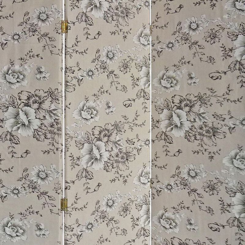 71 Inch 3 Panel Fabric Room Divider with Floral Print, Gray-Benzara