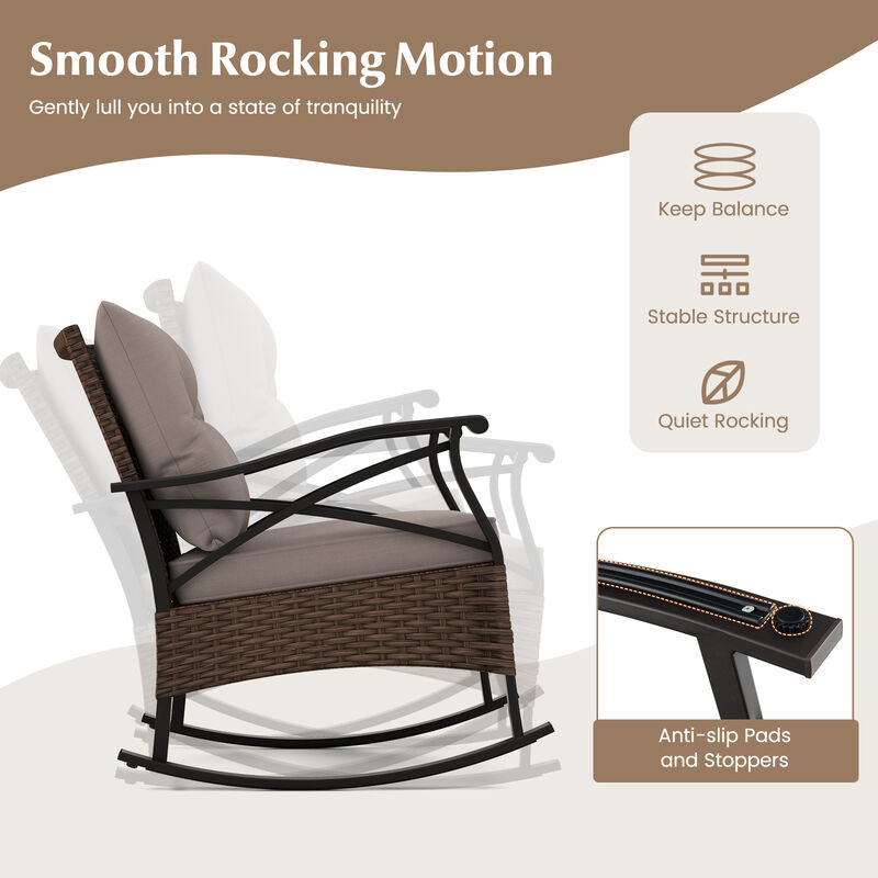 3-Piece Outdoor Rattan Rocking Chairs Set with 2-Tier Side Table for Garden and Backyard