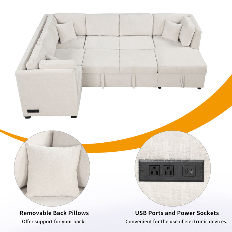 Merax U-shaped Sectional Sofa Pull Out Sofa Bed with 2 USB Ports