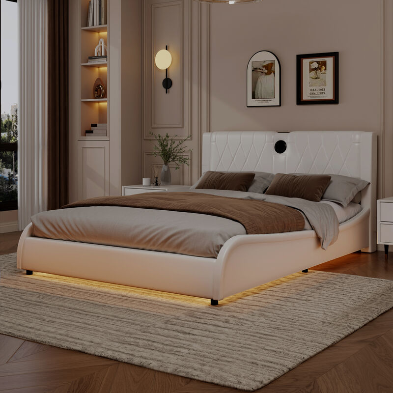 Merax Luxurious Faux Leather Platform Bed with Bluetooth Speakers