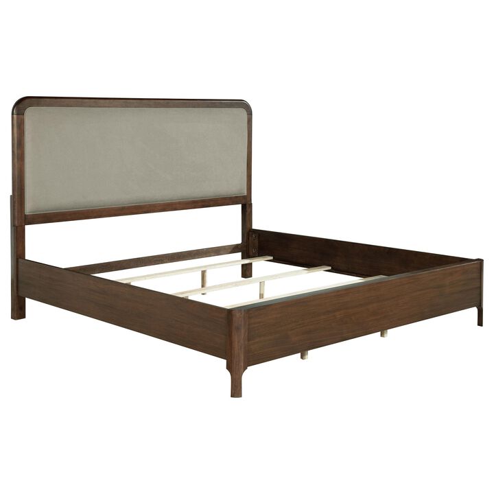 Rie Queen Bed, Taupe Gray Upholstered Headboard, Walnut Brown Wood - Benzara