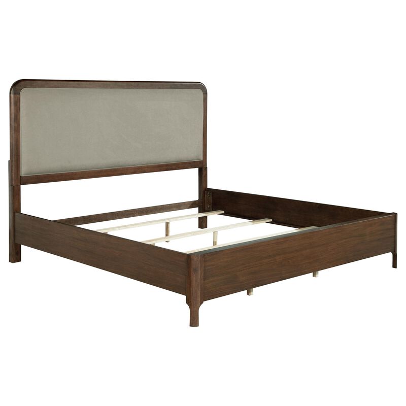 Rie Queen Bed, Taupe Gray Upholstered Headboard, Walnut Brown Wood - Benzara