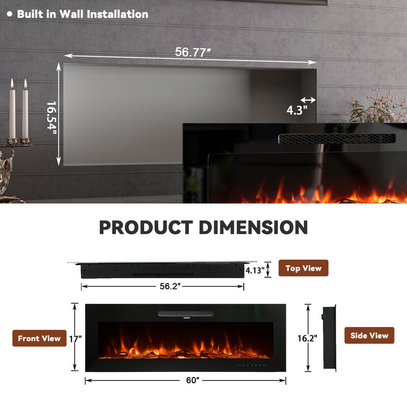 MONDAWE 60" Recessed Wall-Mounted Electric Fireplace 5000 BTU Heater with Remote Control
