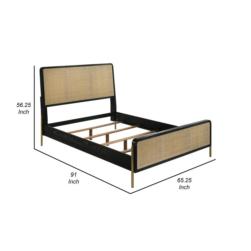 Fij Queen Size Bed, Natural Rattan Woven Panel Headboard, Gold Legs, Black - Benzara