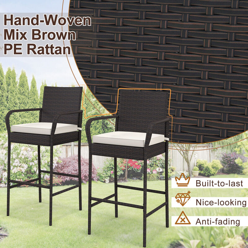 Outdoor PE Rattan Cushioned Barstool Set with Armrests