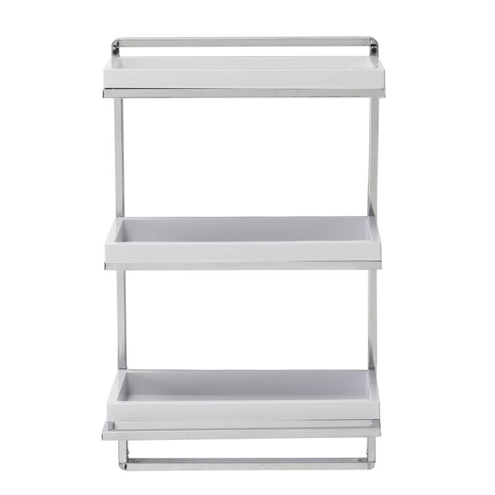 Wall Mount 3-Tier White and Chrome Bathroom Shelf with Towel Bar and Removable Trays