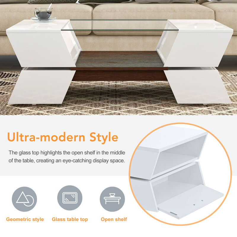 Modernist 2-Tier Center Table 6mm Glass Top Coffee Table with Open Shelves and Cabinets Geometric Style Cocktail Table
