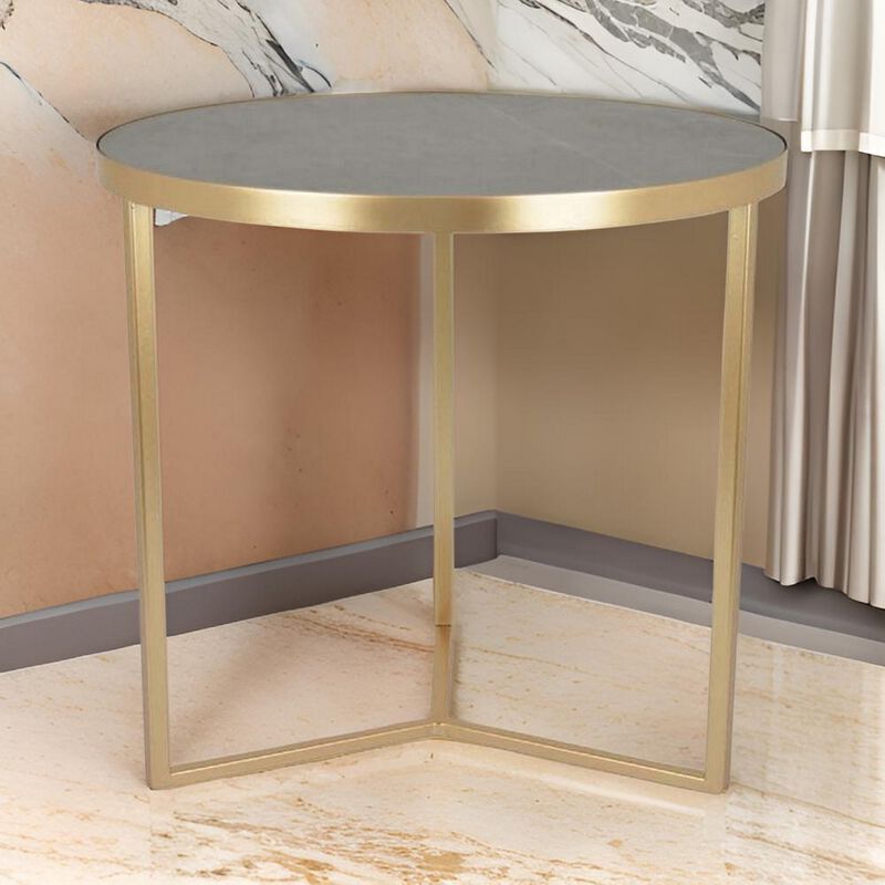 20 Inch Plant Stand Table, 3 Legged Metal Base, Gray Marble, Gold Finish - Benzara
