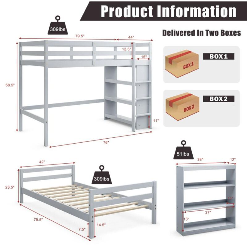 Hivvago Twin Over Twin Loft Bunk Bed with 3-Tier Bookcase