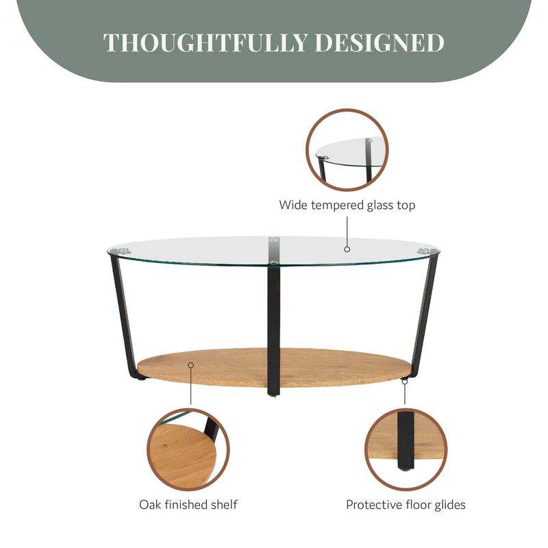 Nessa Oval Coffee Table with Glass Top, Oak/Glass