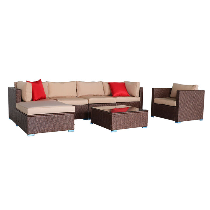 7-Piece Wood Grain PE Wicker Rattan Patio Sofa Set, Outdoor Sectional with Corner Sofa