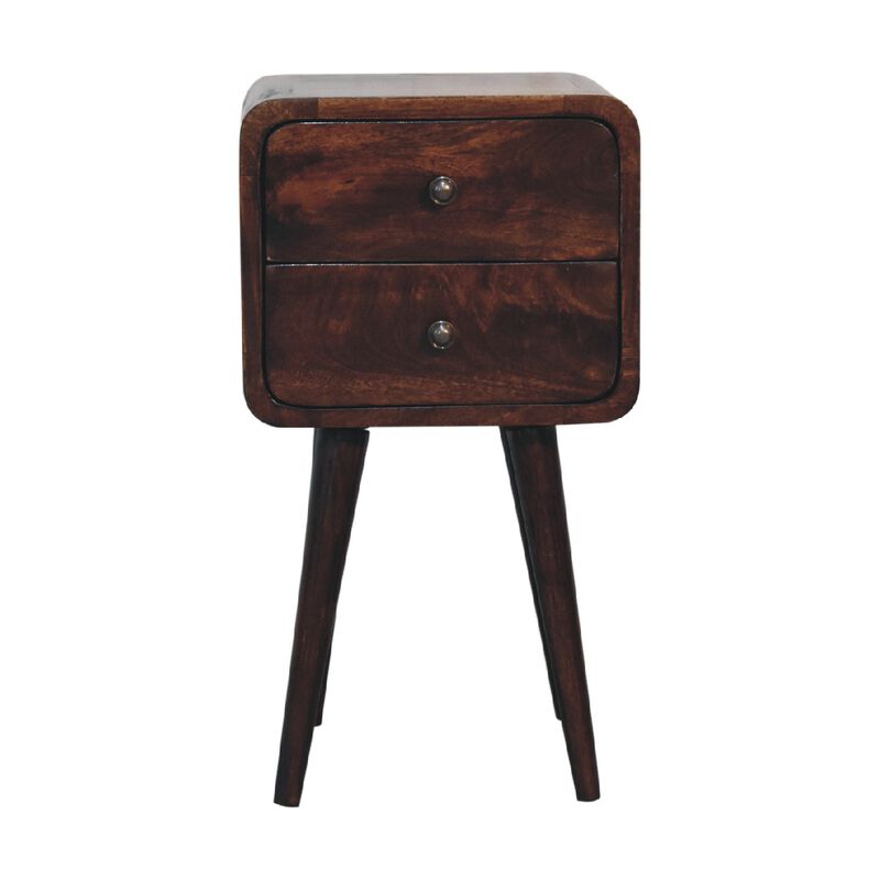 Mini Light Walnut  Solid Wood 2 Drawers Curved NightStand