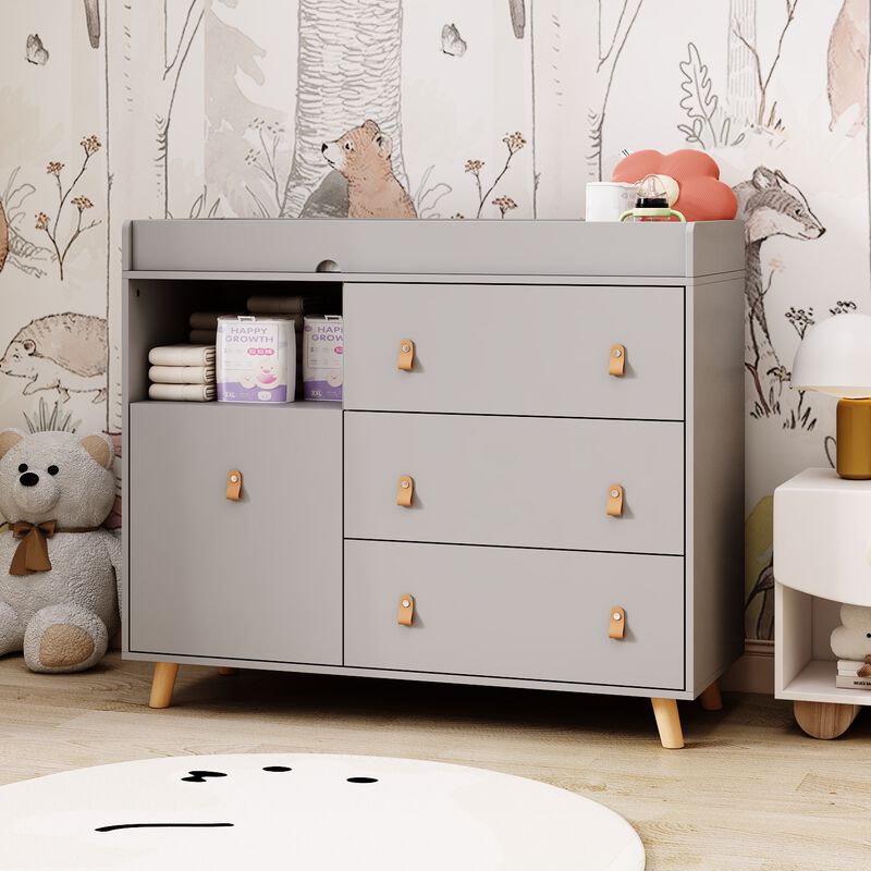 4-Drawer Gray Wood Kids Dresser Changing Table Dresser Storage Cabinet With Shelves 38 in. H x 45 in. W x 18 in. D