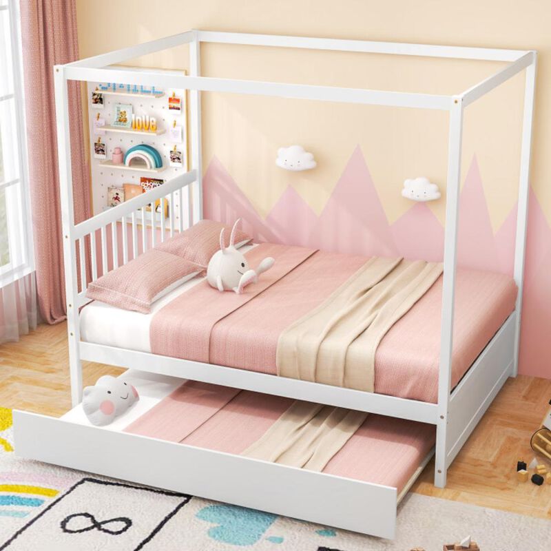 Hivvago Full Size Canopy Bed Frame with Trundle and Headboard for Kids