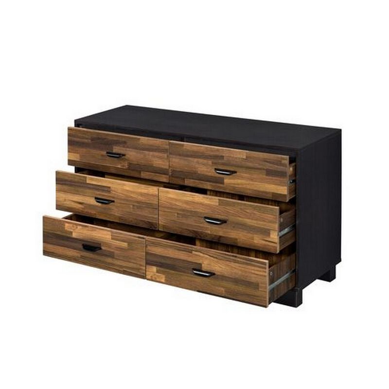 Dresser with 6 Drawers and Butcher Block Pattern, Brown and Gray-Benzara