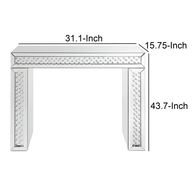 Mirror Accented Wood And Glass Vanity Desk With Faux Crystal Inlay, Silver-Benzara