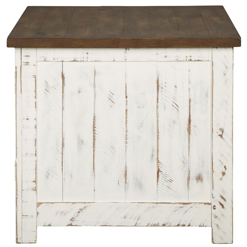 Two Tone Wooden End Table with Metal Grill Cabinet, Brown and White-Benzara
