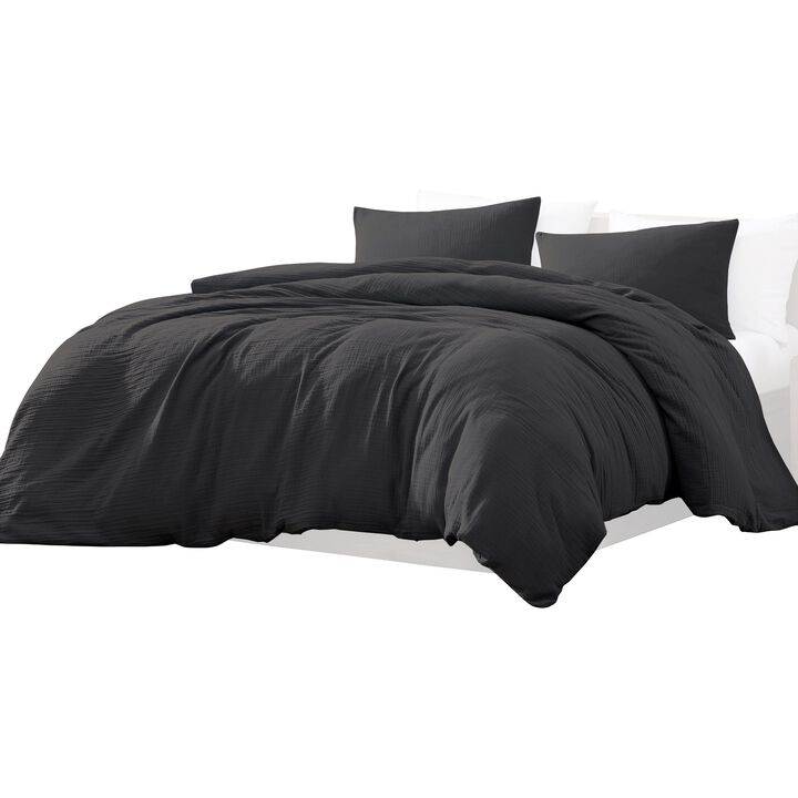 Uvi 3 Piece King Comforter Set, Cotton, Natural Crinkled Texture, Graphite - Benzara