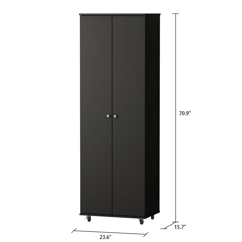 23.6 in. W x 70.9 in. H 24-Pair Black Wood 2-Door Shoe Storage Cabinet with Wheels