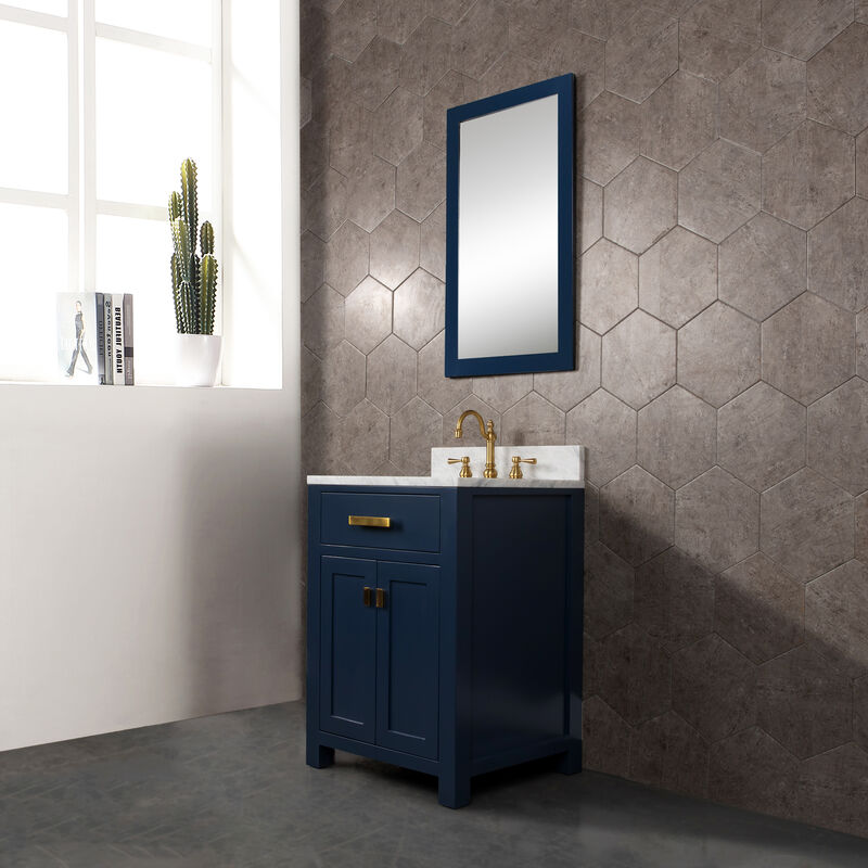 Madison 24 In. Single Sink Carrara White Marble Countertop Bath Vanity In Monarch Blue with Satin Gold Hardware