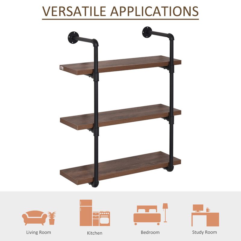Rustic Wall Storage: 3-Tier Industrial Pipe Style Shelf Bookcase