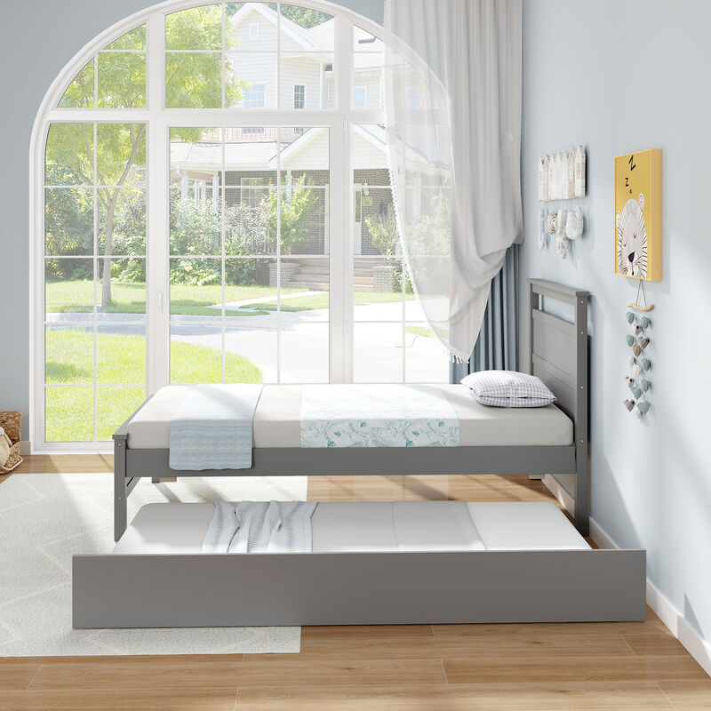 Twin Size Wooden Bed Frame with Trundle for Teens and Adults