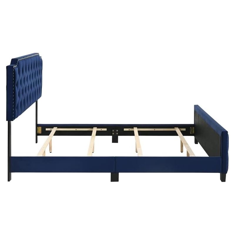 Agapi King Size Bed, Button Tufted, Nailhead Trim, Blue Fabric Upholstery - Benzara