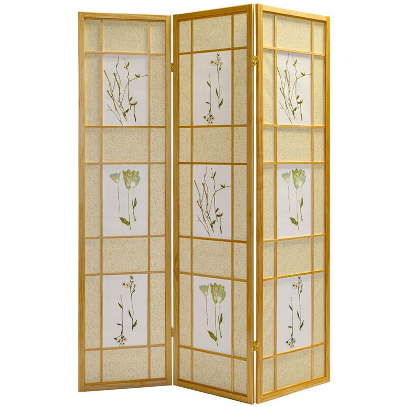 3 Panel Room Divider Privacy Screen Botanical Floral Accented Cherry Color
