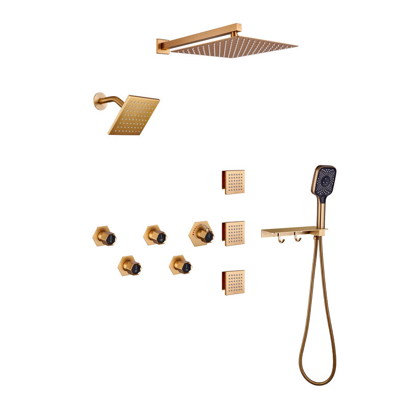 Mondawe Free Combination Handles Thermostatic 4 Functions 12-inch Wall Mounteded Rainfall Dual Shower Heads with 6 Body Jets and Rough-in Valve in Brushed Gold