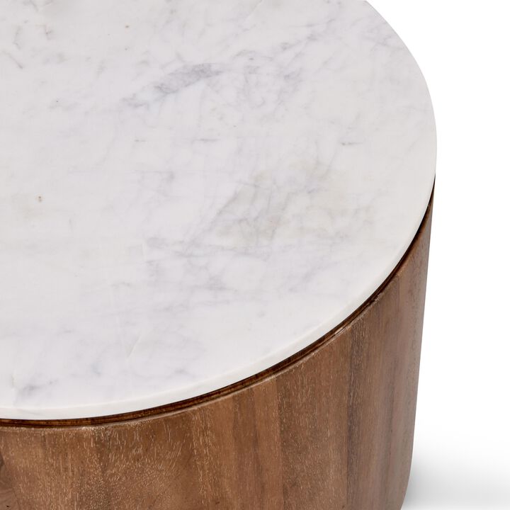 Yari Round Side End Table, White Marble Top, Brown Mango Wood 22 Inch - Benzara