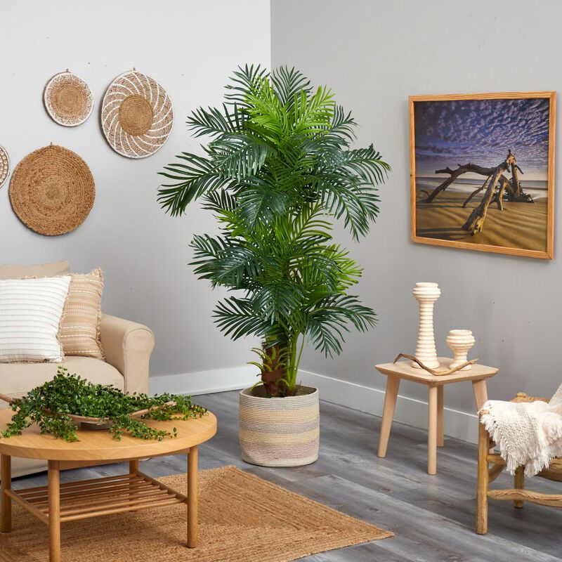 Hivvago 6 Feet Hawaii Artificial Palm Tree in Handmade Natural Cotton Multicolored Woven Planter
