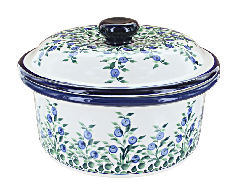 Blue Rose Polish Pottery Flowering Peacock Round Baker with Lid