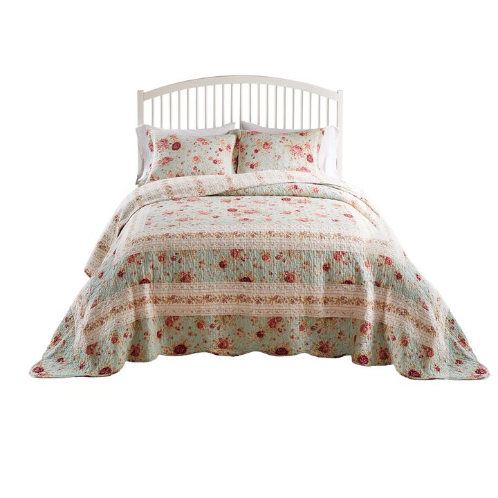 Rosle 3pc Queen Bedspread Set, 2 Shams, Reversible Rose Print, Blue Cotton