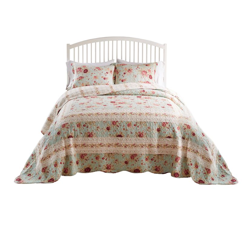 Rosle 3pc Queen Bedspread Set, 2 Shams, Reversible Rose Print, Blue Cotton