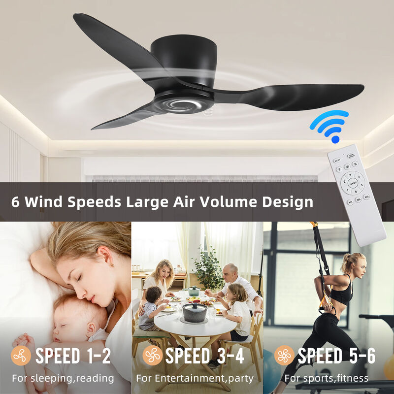 Modern Flush Mount Ceiling Fan, Silent 6-Speed DC Motor, No Light