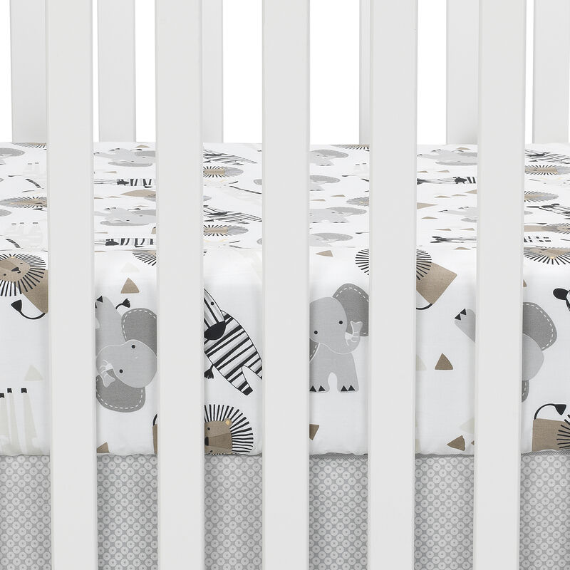Lambs & Ivy Jungle Safari 100% Cotton White/Gray Elephant/Lion Fitted Crib Sheet