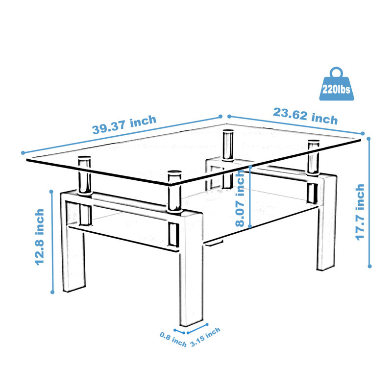 Rectangle Walnut Glass Coffee Table, Clear Coffee Table, Modern Side Center Tables
