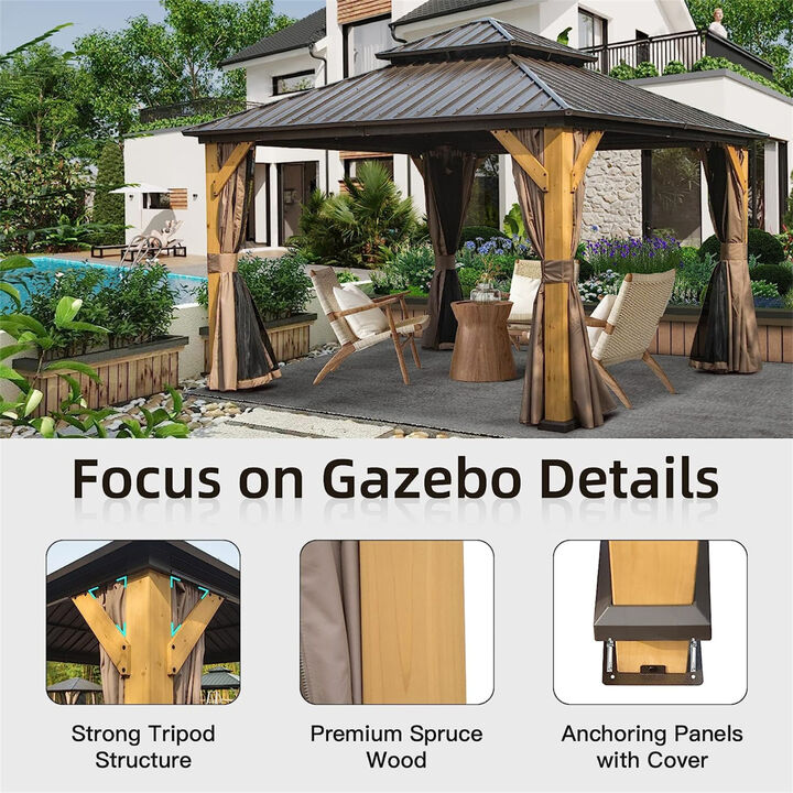12'X12' Hardtop Gazebo with Cedar Wood Frame and Curtains