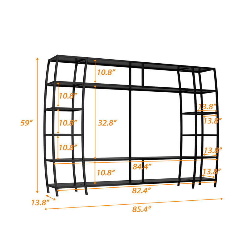 FUFU&GAGA 85.4" Black Metal Frame Bookcase with Open Shelves for TV Stand or Home Display (85.4" W x 13.8" D x 59" H),White