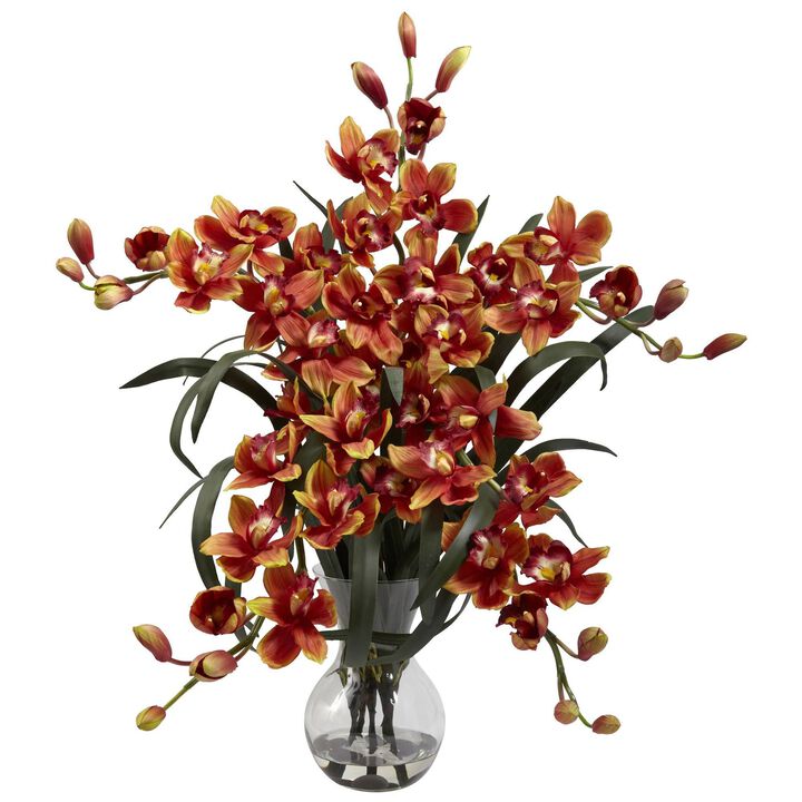 Nearly Natural Large Cymbidium w/Vase Arrangement Burgundy