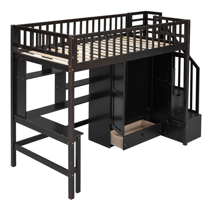 Twin Size Loft Bed With Bookshelf, Drawers, Desk, And Wardrobe Espresso