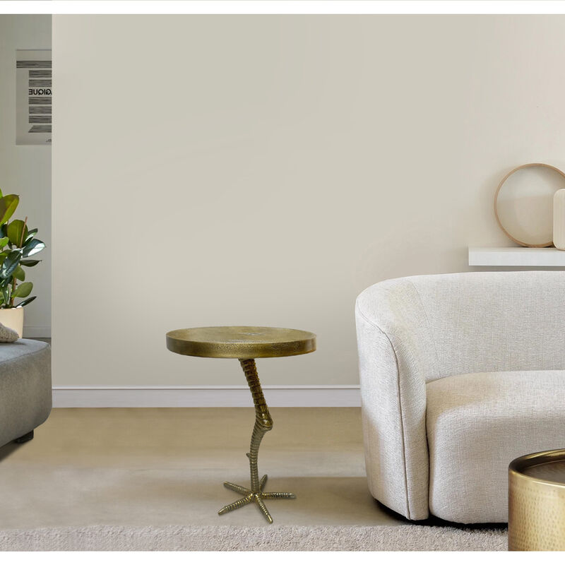 19 Inch Side End Table, Antique Brass Aluminum Cast, Round Top with Handcrafted Textured Crane Leg Stem - Benzara