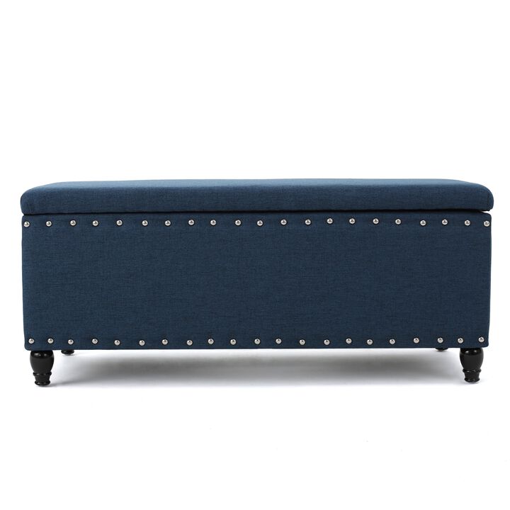 Sharon Storage Ottoman Bench, Navy Blue Fabric, Nailhead Trim, 42 Inch -Benzara