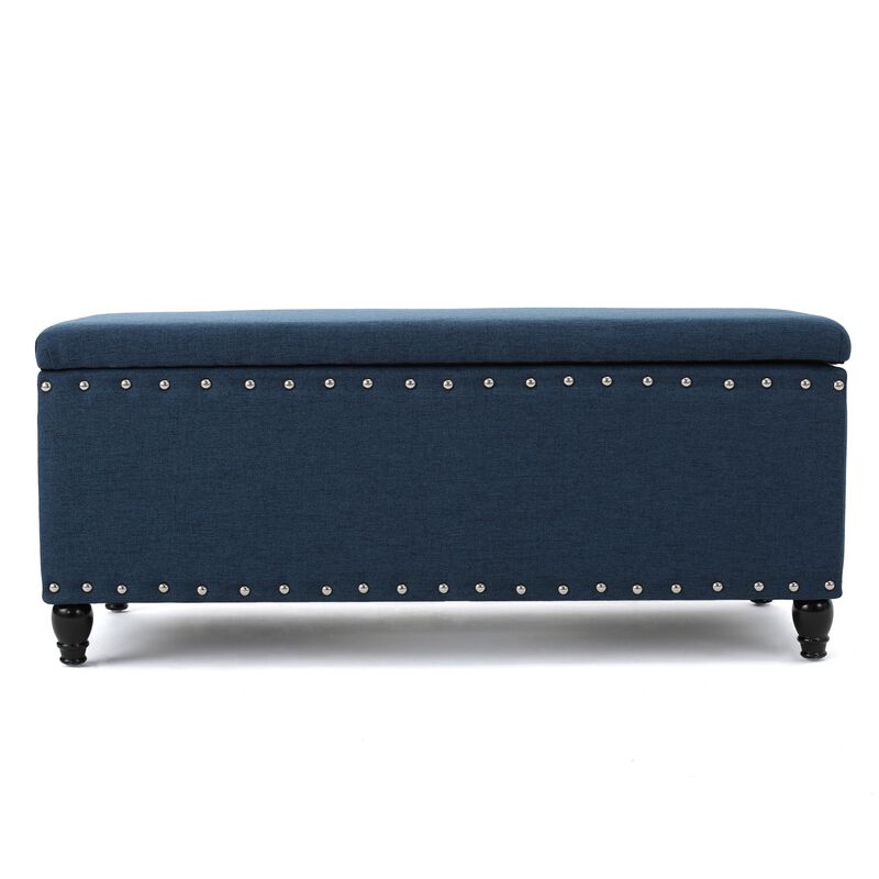 Sharon Storage Ottoman Bench, Navy Blue Fabric, Nailhead Trim, 42 Inch -Benzara