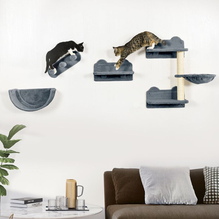 Gray Feline Activity Center: Cat Wall Shelves with Platforms & Hammock