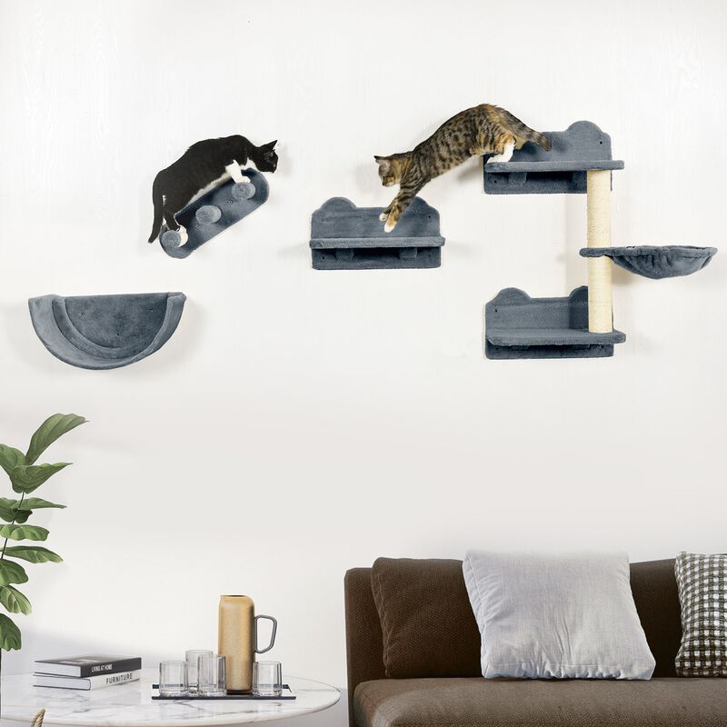 Gray Feline Activity Center: Cat Wall Shelves with Platforms & Hammock