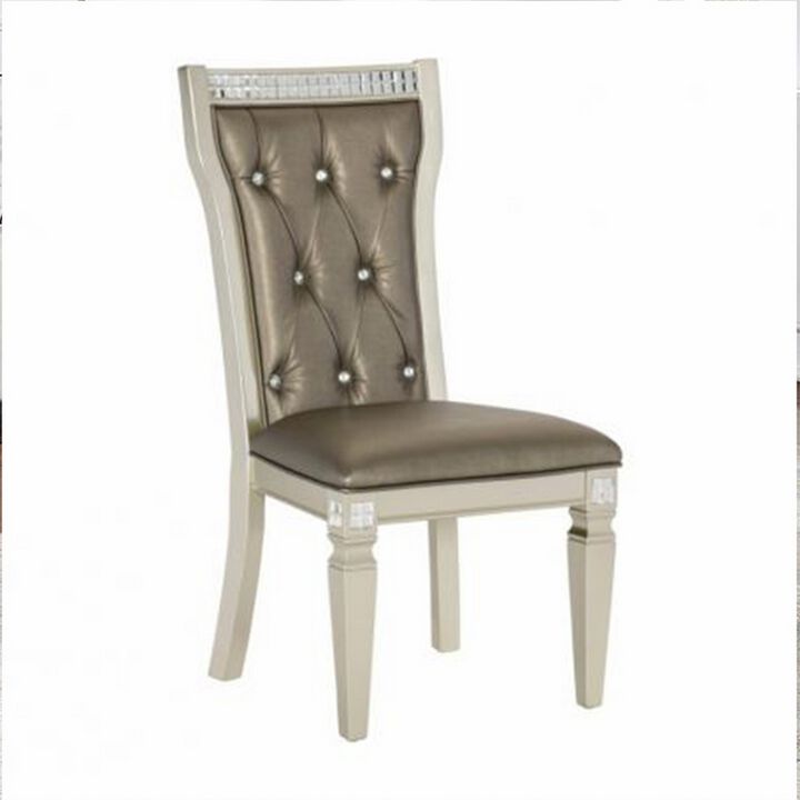 Lin 20 Inch Dining Side Chair Set of 2, Tufted Gray Faux Leather, Champagne - Benzara