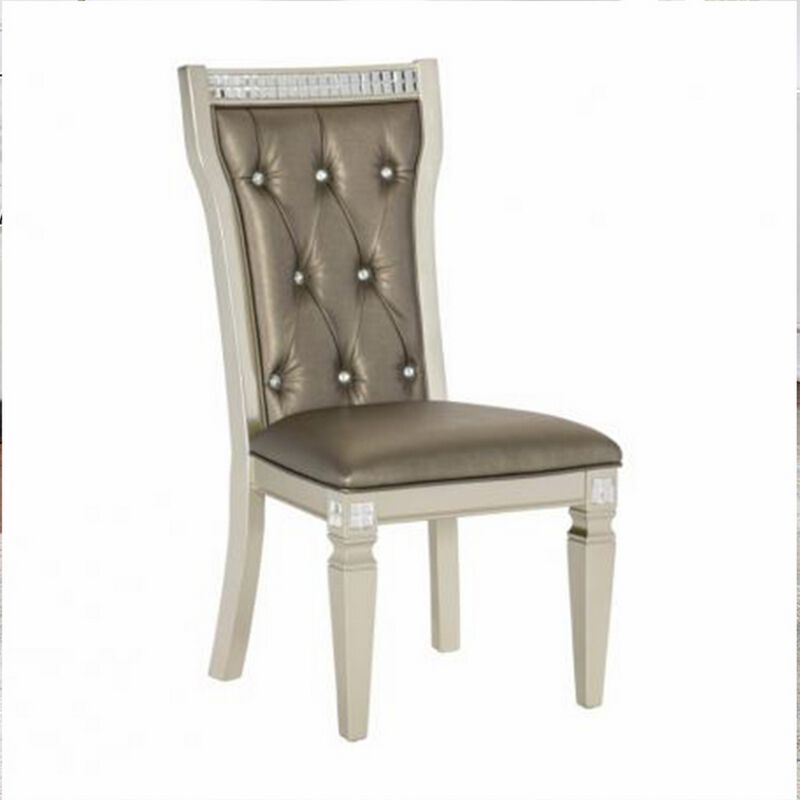 Lin 20 Inch Dining Side Chair Set of 2, Tufted Gray Faux Leather, Champagne - Benzara