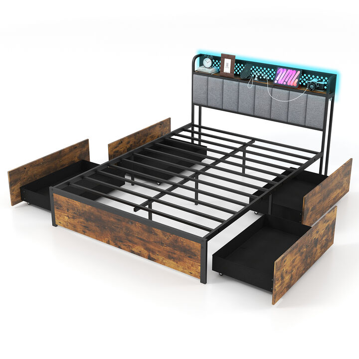 Bed Frame with LED Lights  Upholstered Headboard and 4 Storage Drawers